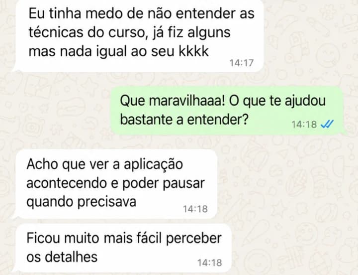 Print de conversa de WhatsApp com uma aluna do Soft Gel Express sobre o medo de não entender as técnicas do curso.
